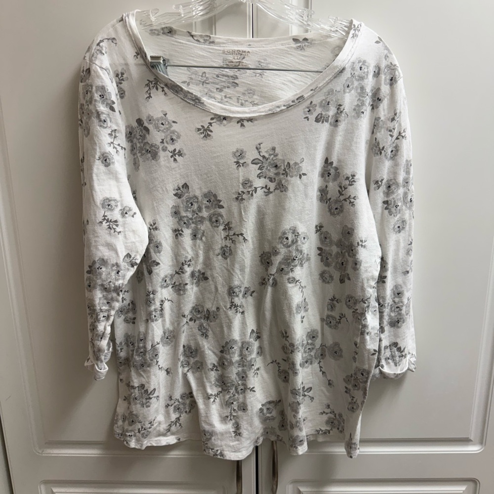 Sonoma Lifestyle Grey/White Floral 3/4 Sleeve Cotton XL Top